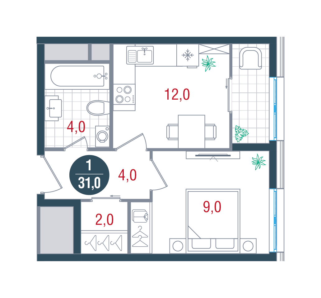1 комн. квартира, 31 м², 12 этаж 