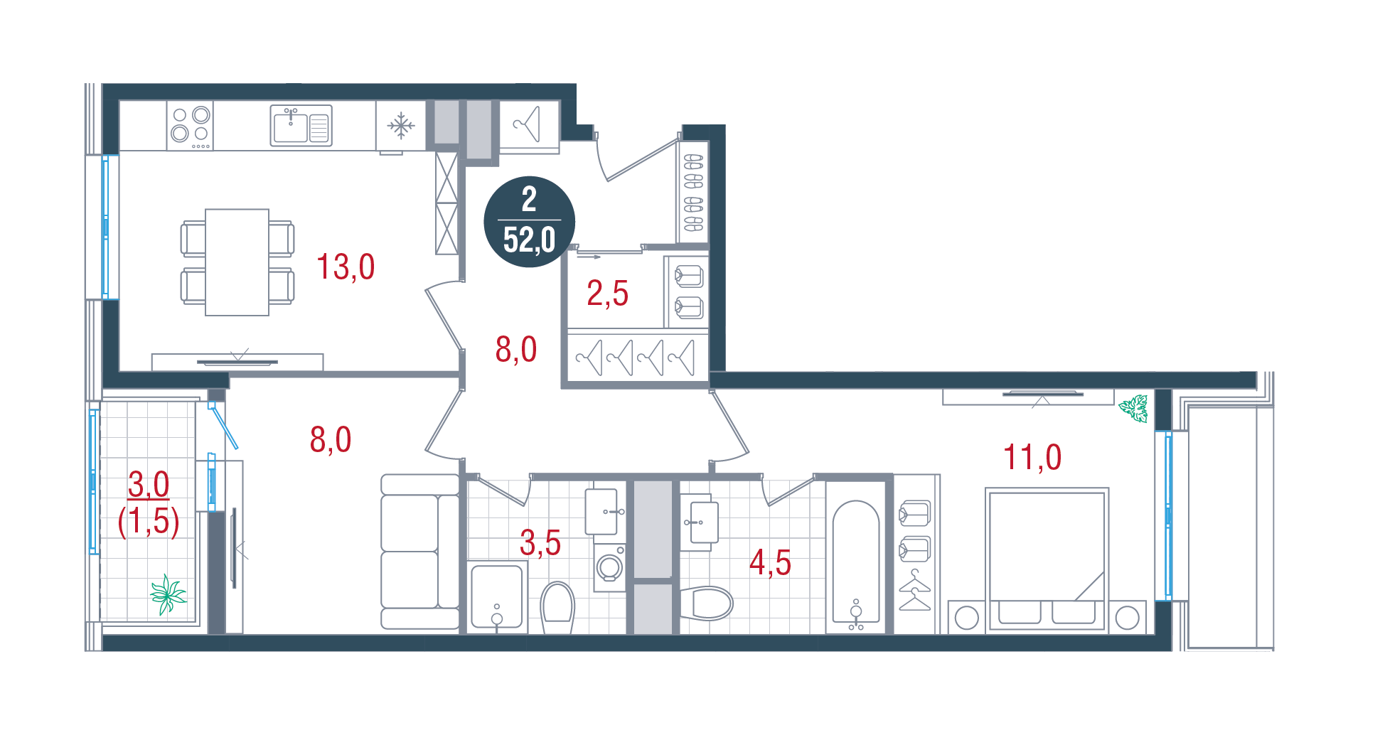 2 комн. квартира, 52 м², 26 этаж 