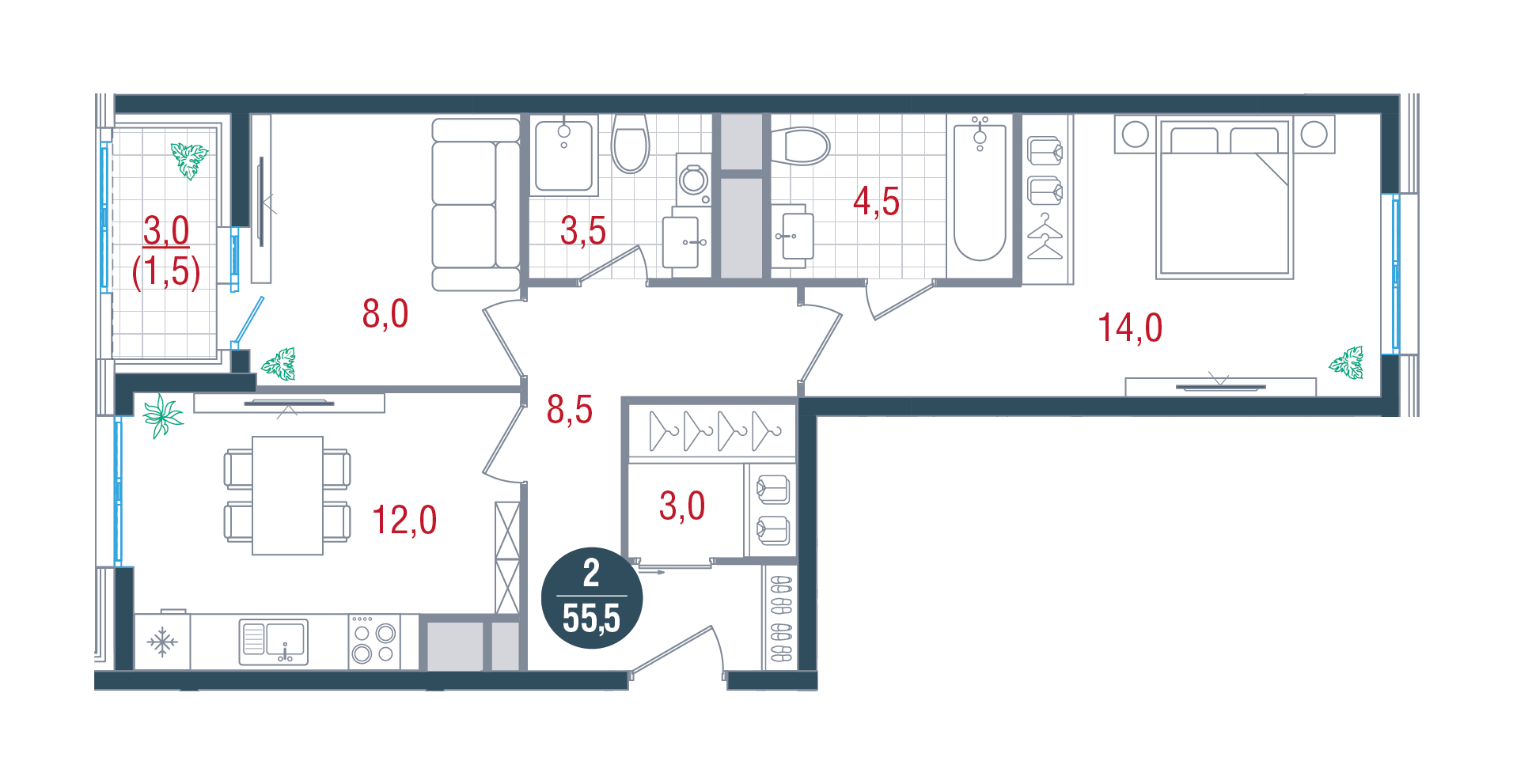 2 комн. квартира, 55 м², 9 этаж 