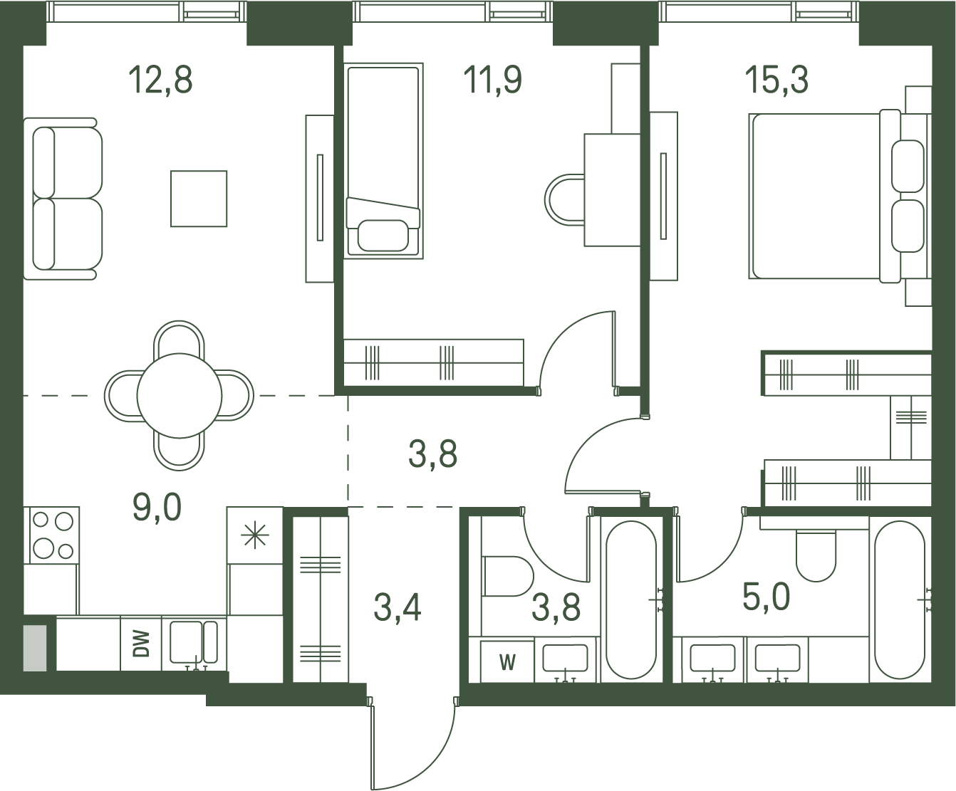 2 комн. квартира, 65 м², 16 этаж 