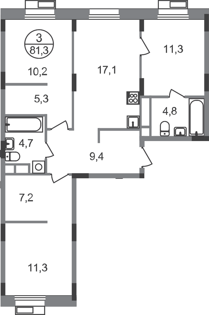 3 комн. квартира, 81.3 м², 3 этаж  (из 9)