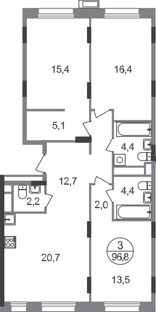 3 комн. квартира, 96.8 м², 8 этаж  (из 9)