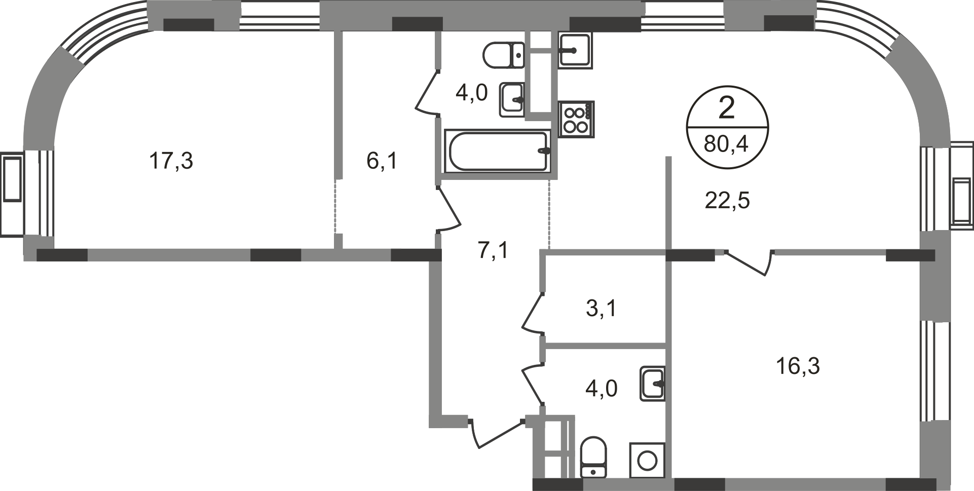 2 комн. квартира, 80.4 м², 4 этаж  (из 9)