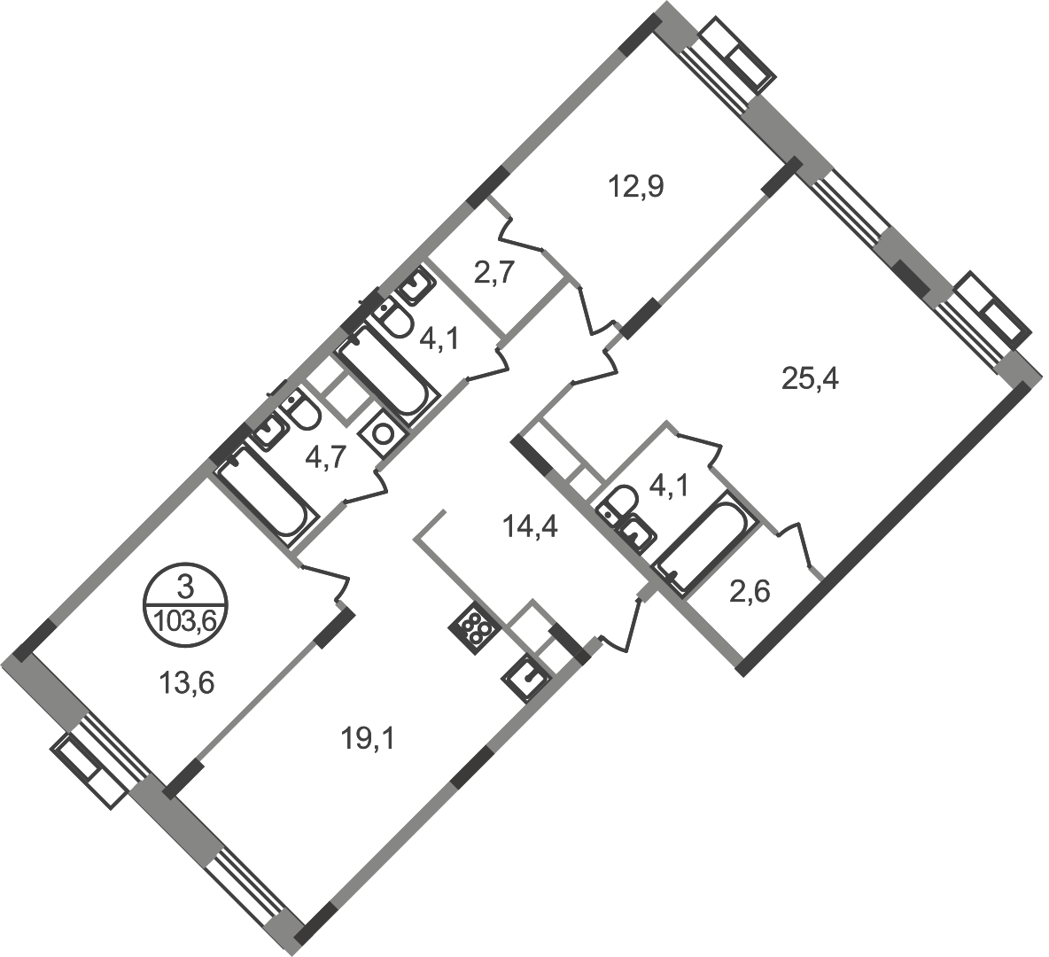 3 комн. квартира, 103.6 м², 4 этаж  (из 9)