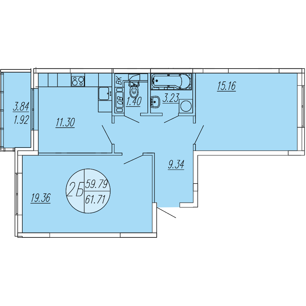 2 комн. квартира, 61.7 м², 1 этаж 