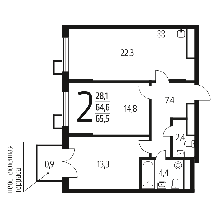 2 комн. квартира, 65.5 м², 14 этаж 