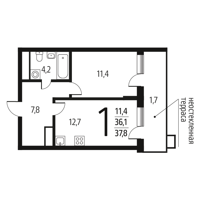 1 комн. квартира, 37.8 м², 13 этаж 