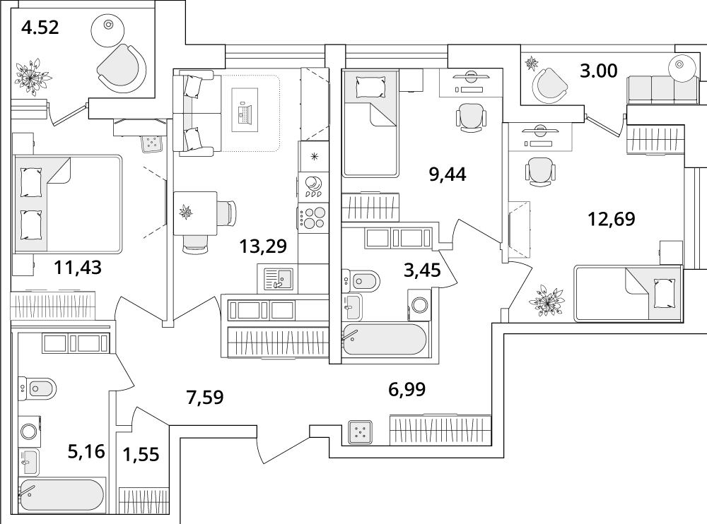 3 комн. квартира, 75.3 м², 16 этаж 