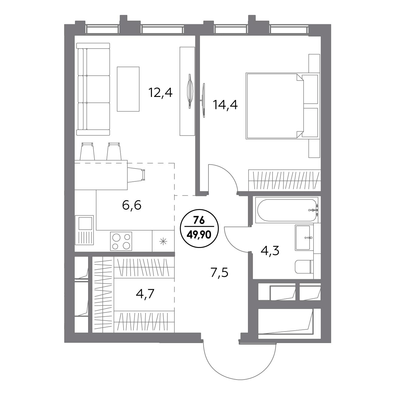1 комн. квартира, 49.9 м², 13 этаж 
