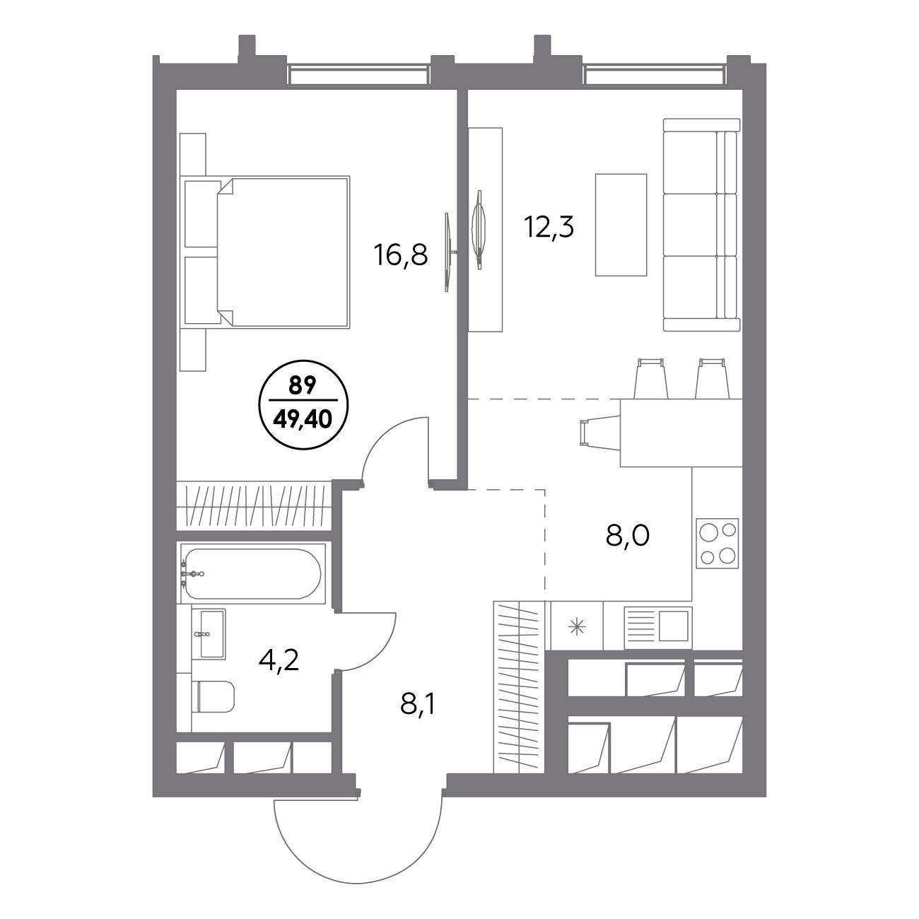 1 комн. квартира, 49.4 м², 15 этаж 