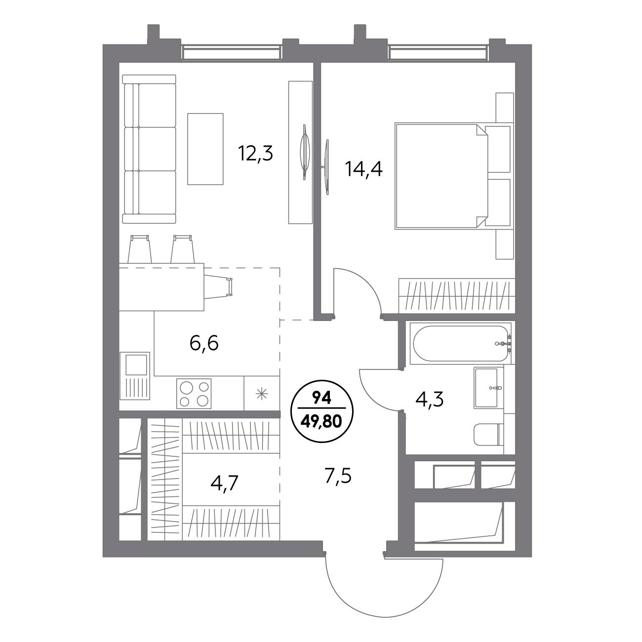 1 комн. квартира, 49.8 м², 16 этаж 