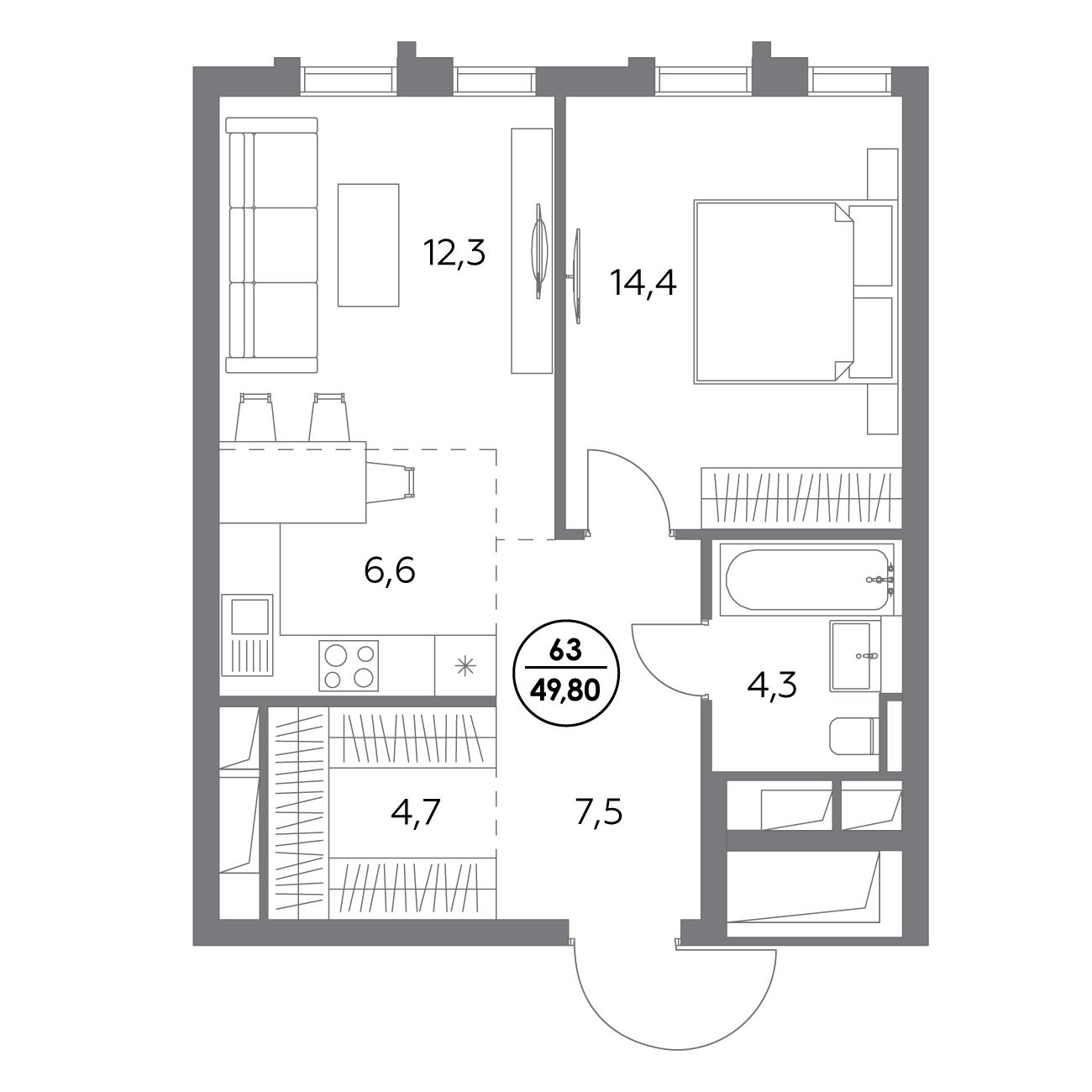 1 комн. квартира, 49.8 м², 11 этаж 