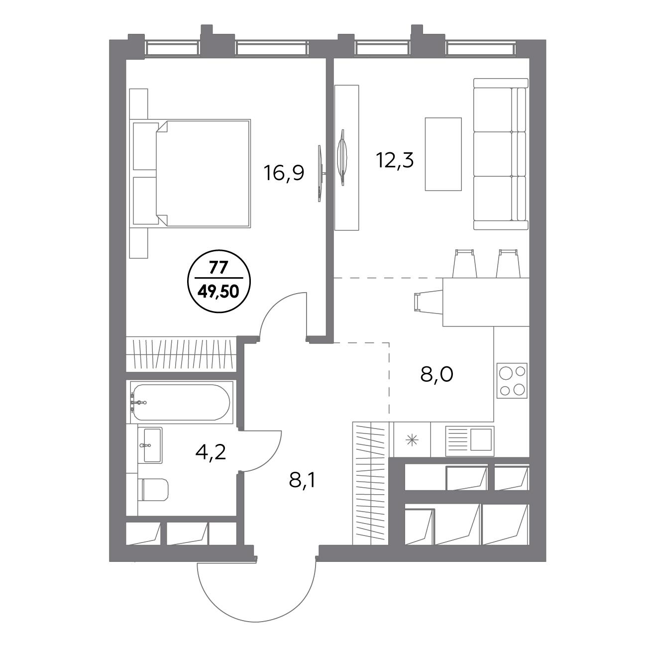 1 комн. квартира, 49.5 м², 13 этаж 