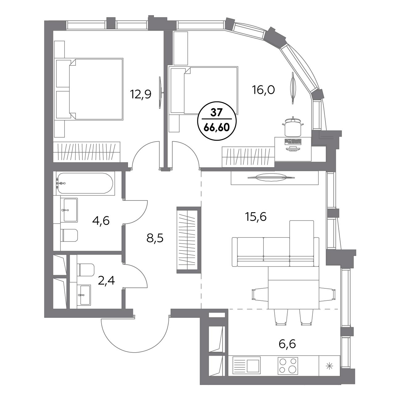 2 комн. квартира, 66.6 м², 7 этаж 
