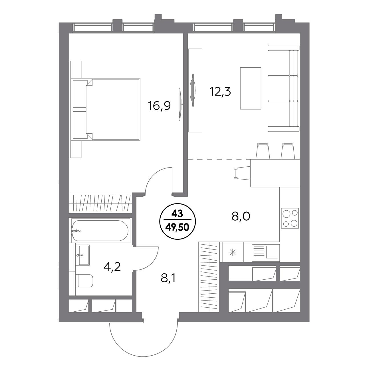 1 комн. квартира, 49.5 м², 8 этаж 