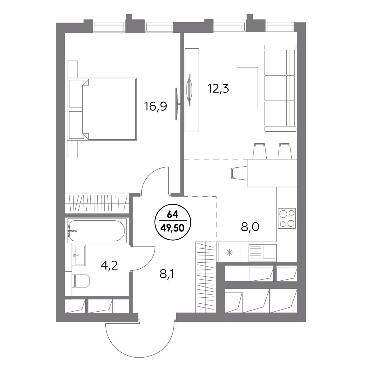 1 комн. квартира, 49.5 м², 11 этаж 