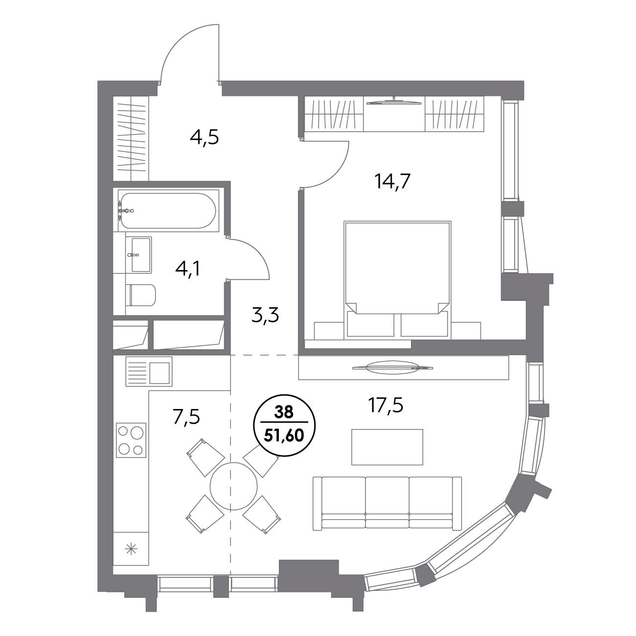 1 комн. квартира, 51.6 м², 7 этаж 