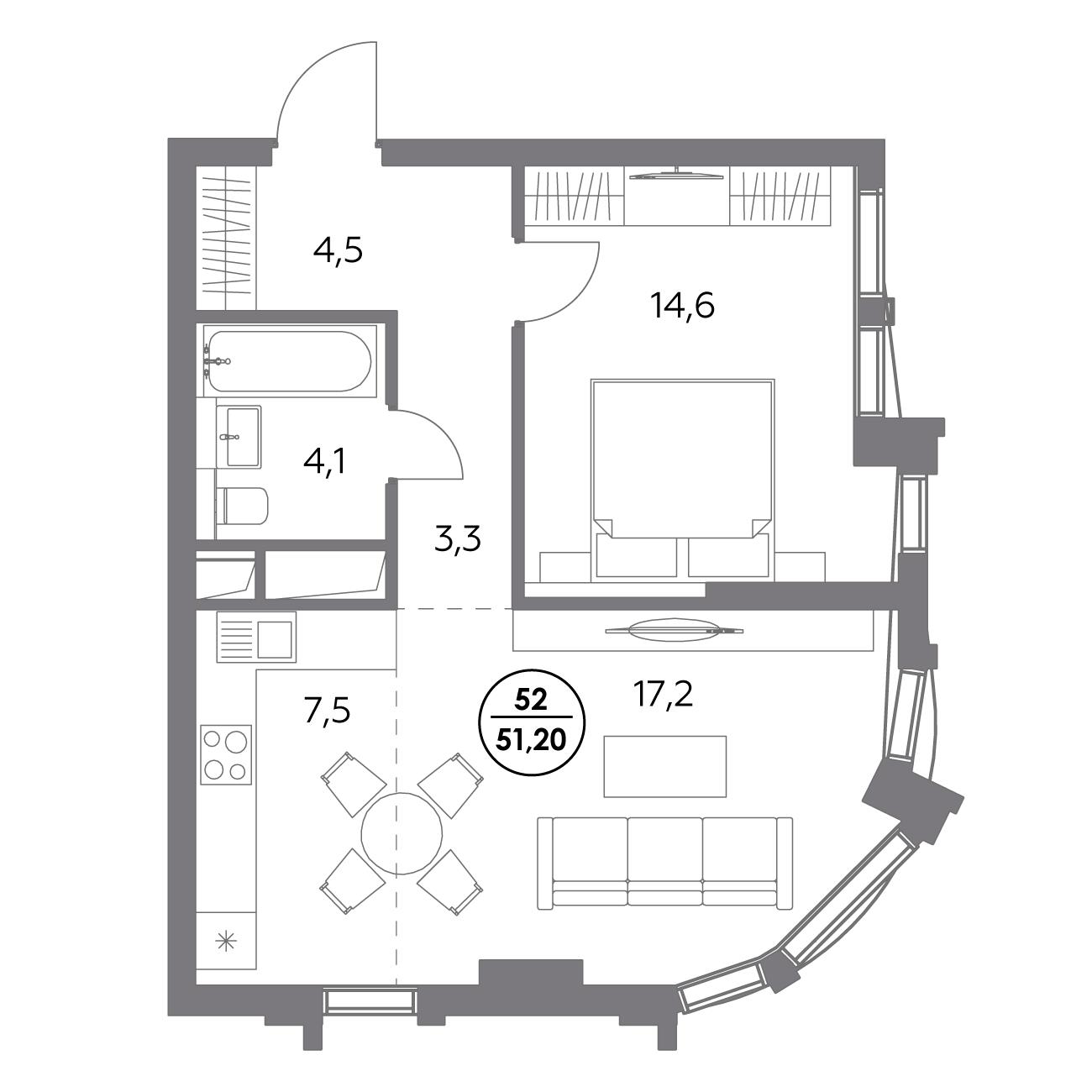1 комн. квартира, 51.2 м², 9 этаж 