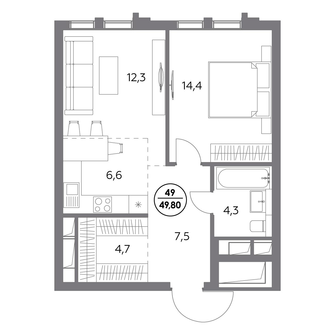1 комн. квартира, 49.8 м², 9 этаж 