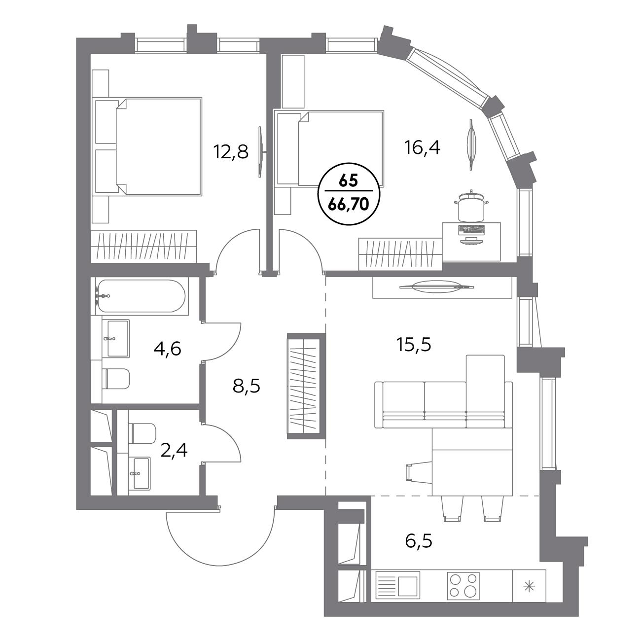 2 комн. квартира, 66.7 м², 11 этаж 