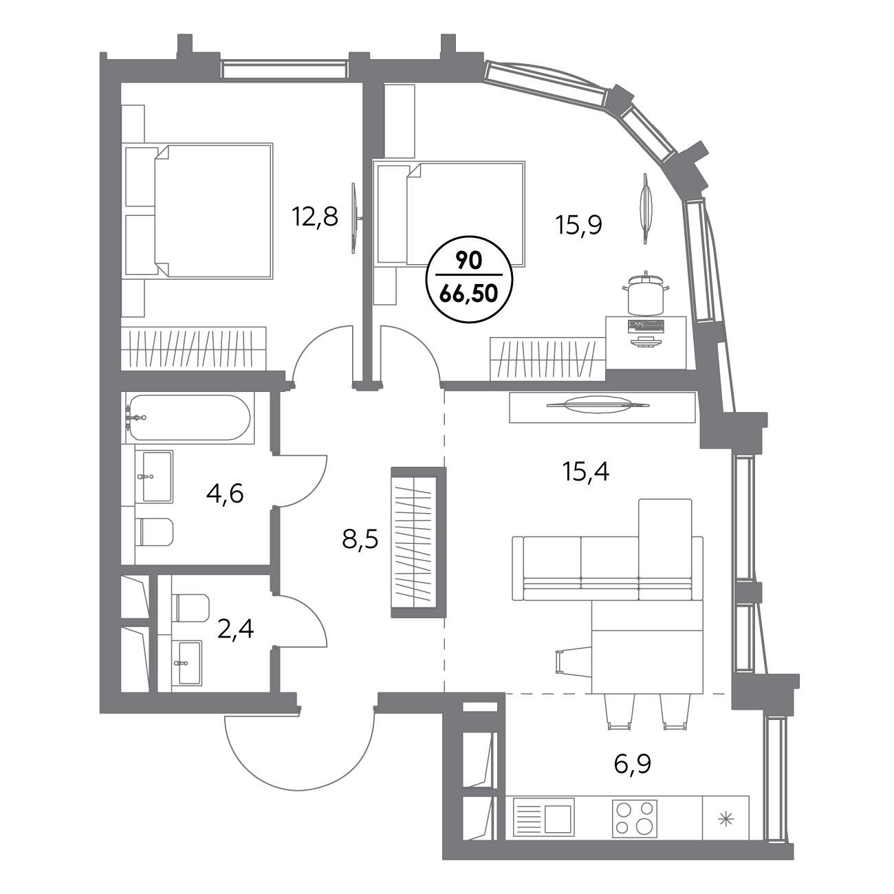 2 комн. квартира, 66.5 м², 15 этаж 