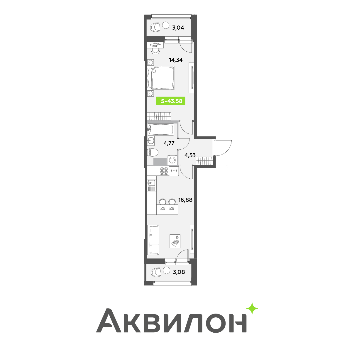 1 комн. квартира, 43.6 м², 11 этаж 