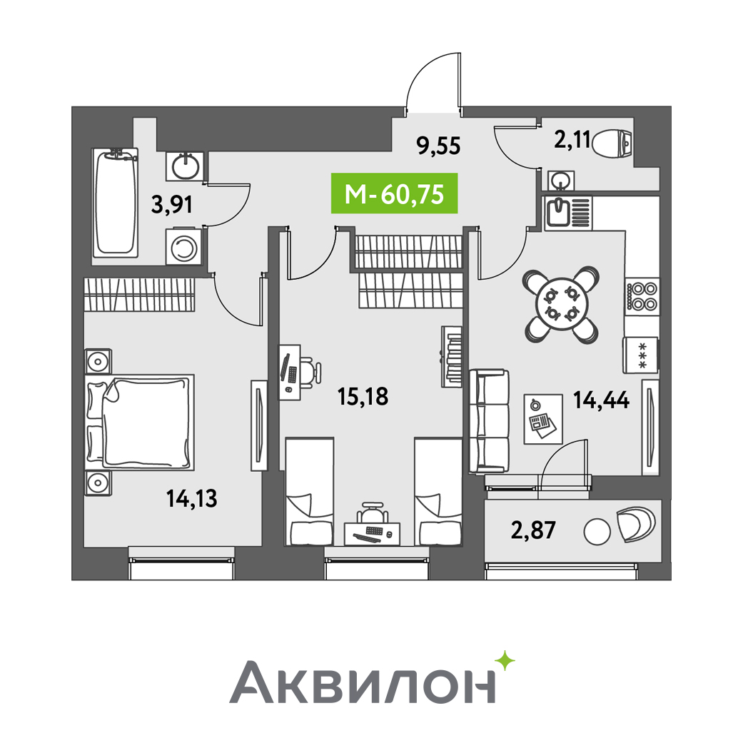 2 комн. квартира, 60.8 м², 5 этаж 