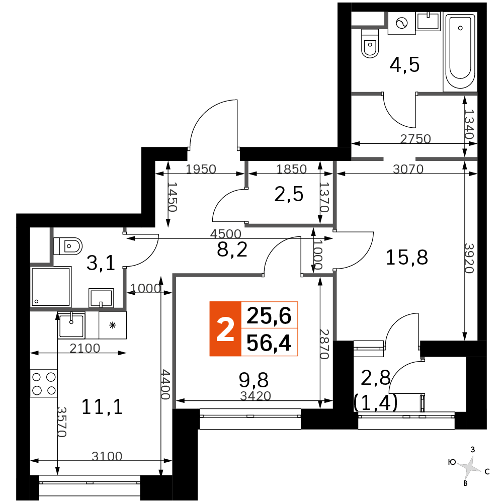 2 комн. квартира, 56.4 м², 31 этаж 