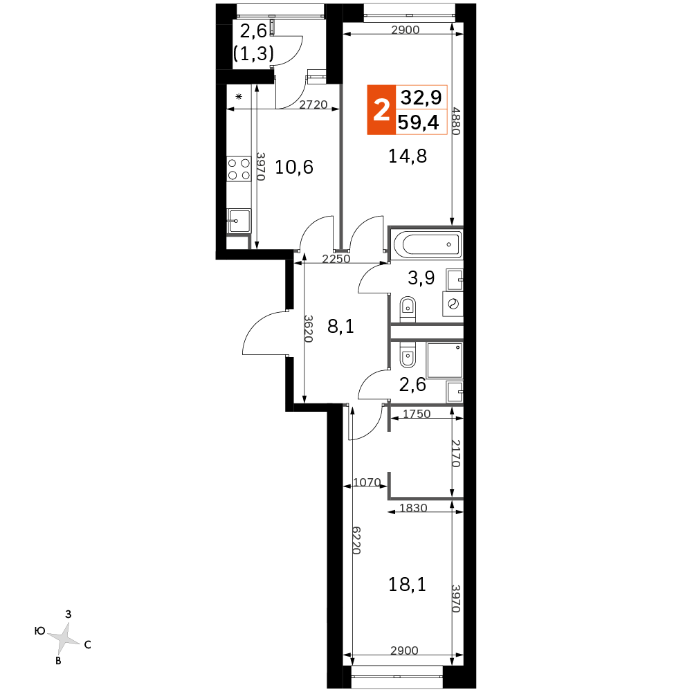 2 комн. квартира, 59.4 м², 29 этаж 