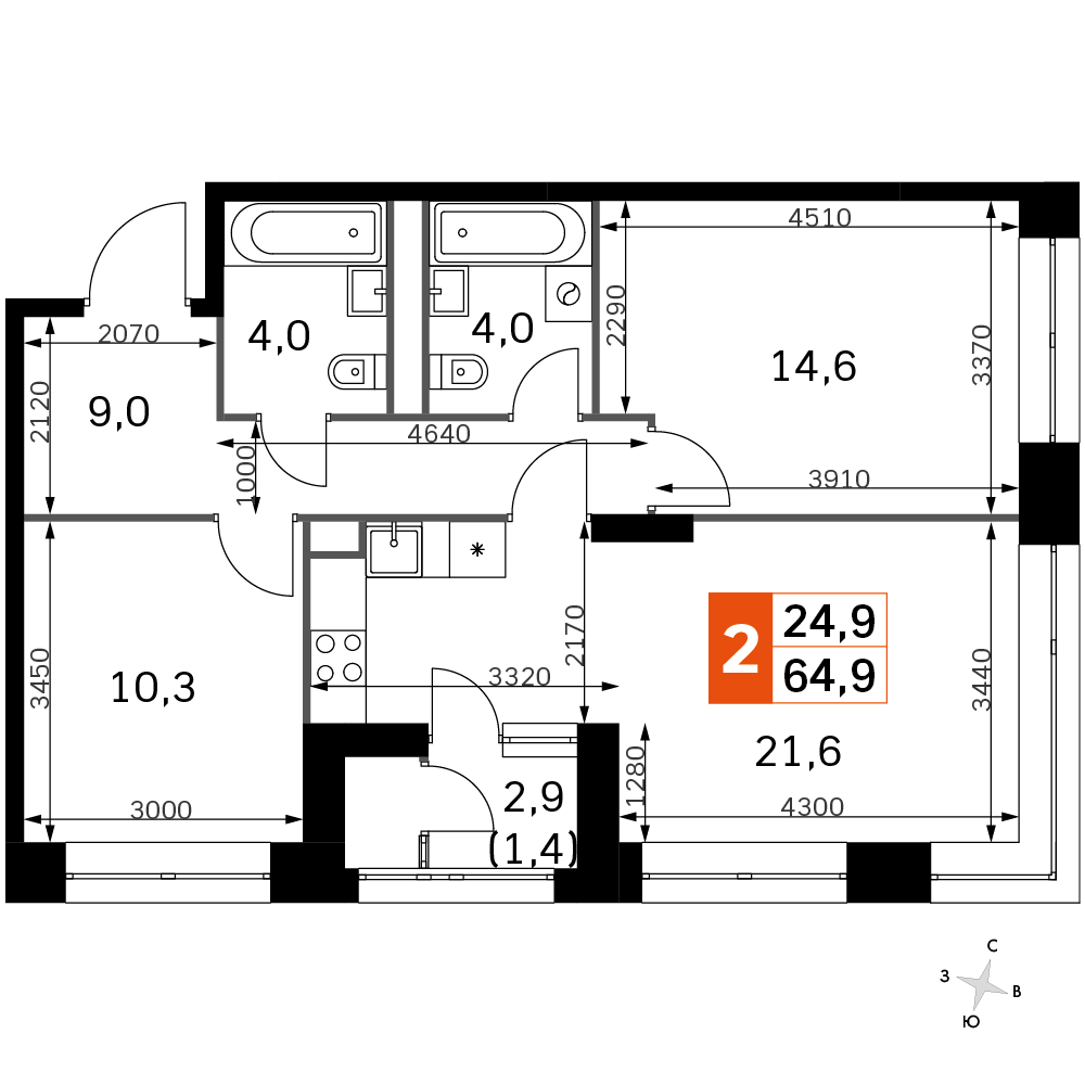 2 комн. квартира, 64.9 м², 2 этаж 