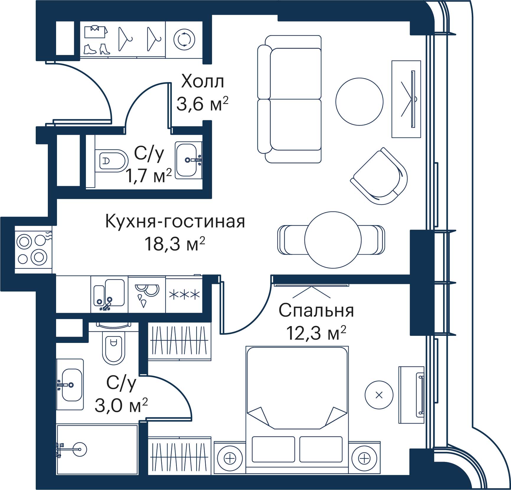 1 комн. квартира, 38.9 м², 24 этаж 