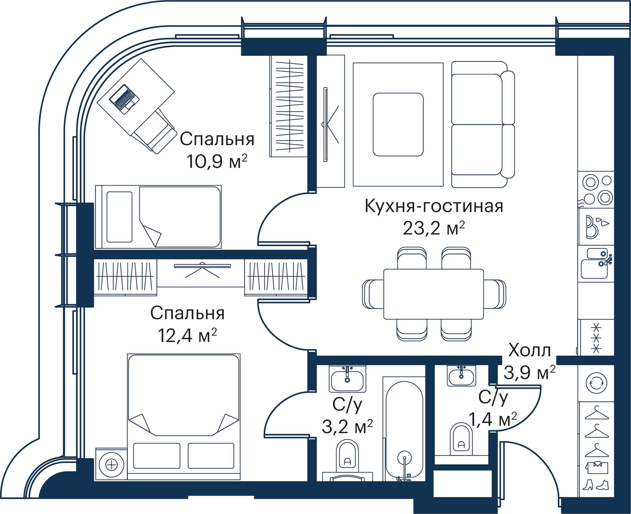 2 комн. квартира, 55 м², 46 этаж 