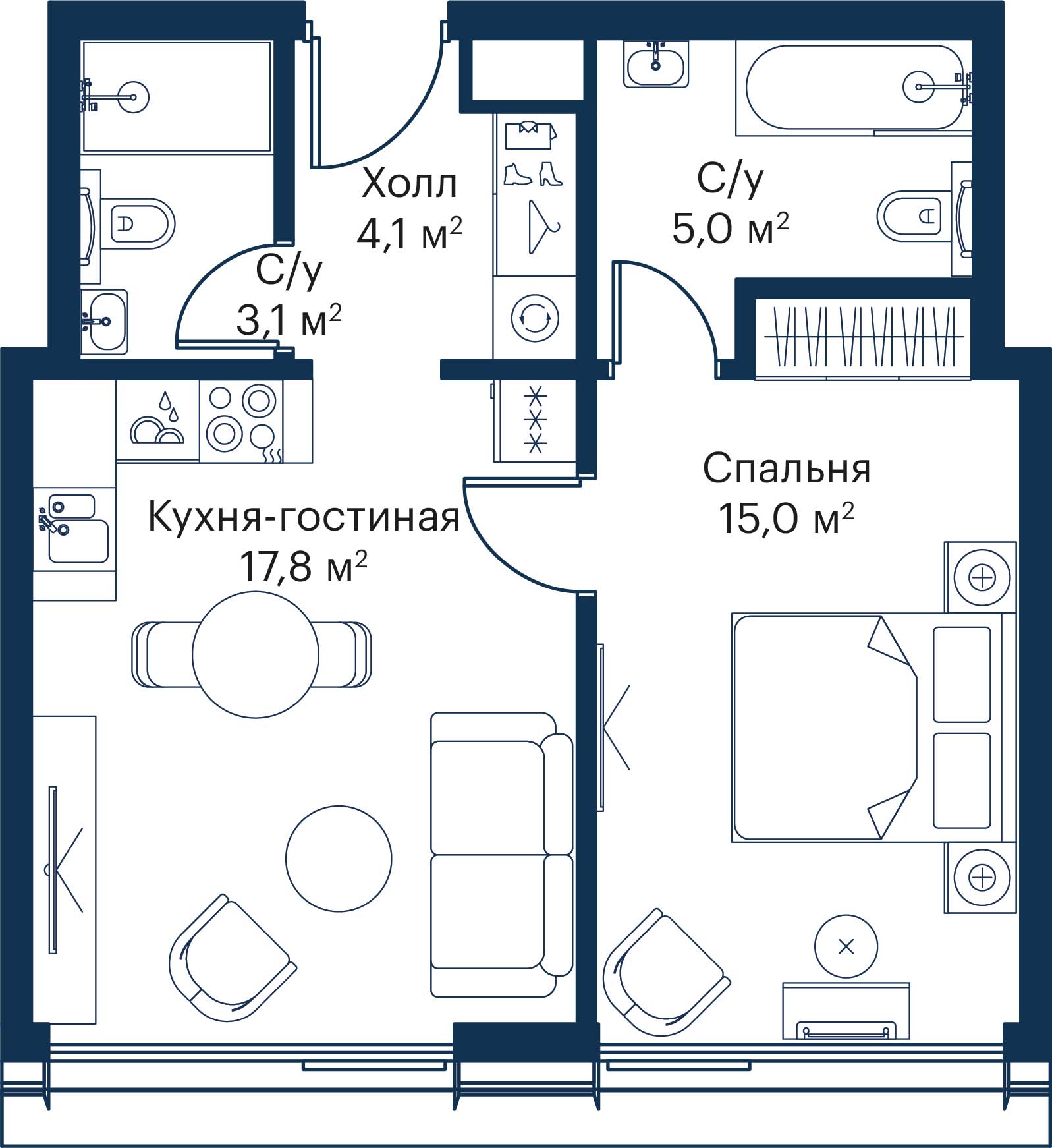1 комн. квартира, 45 м², 44 этаж 