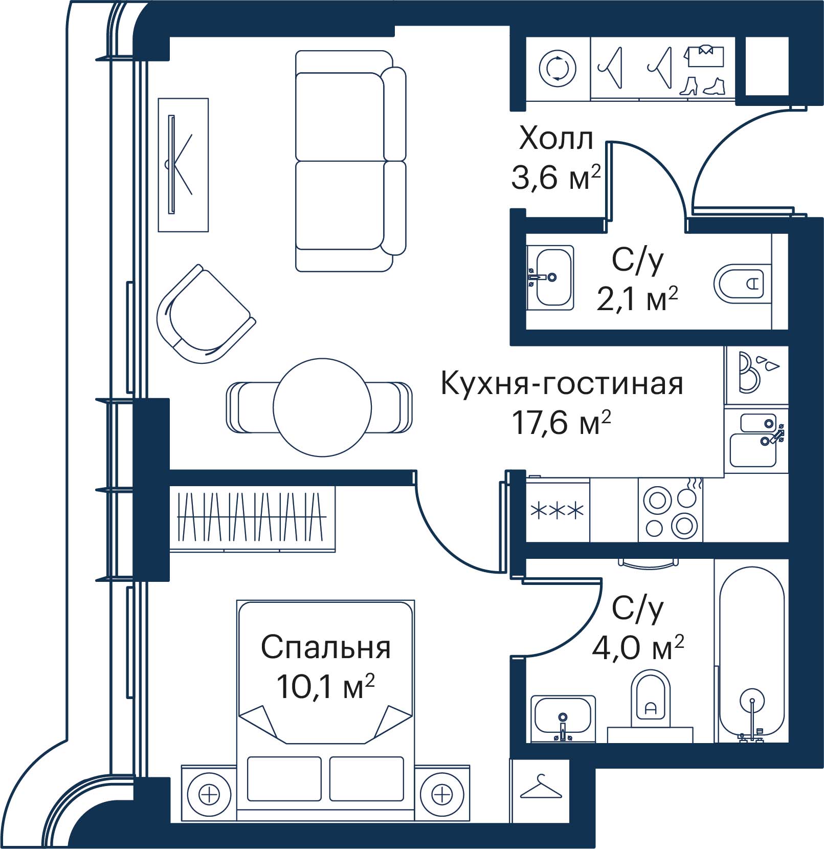 1 комн. квартира, 37.4 м², 34 этаж 