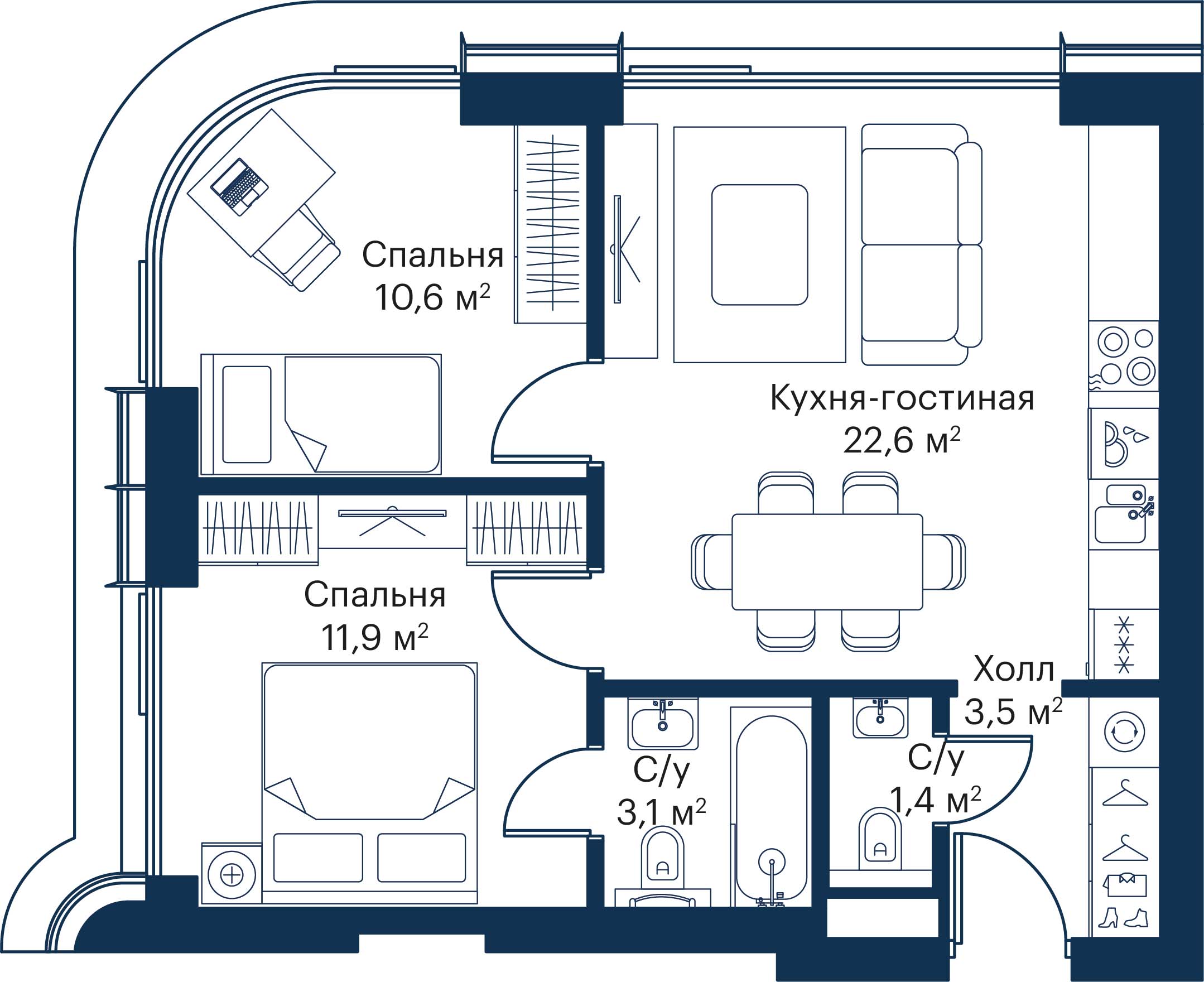 2 комн. квартира, 53.1 м², 12 этаж 