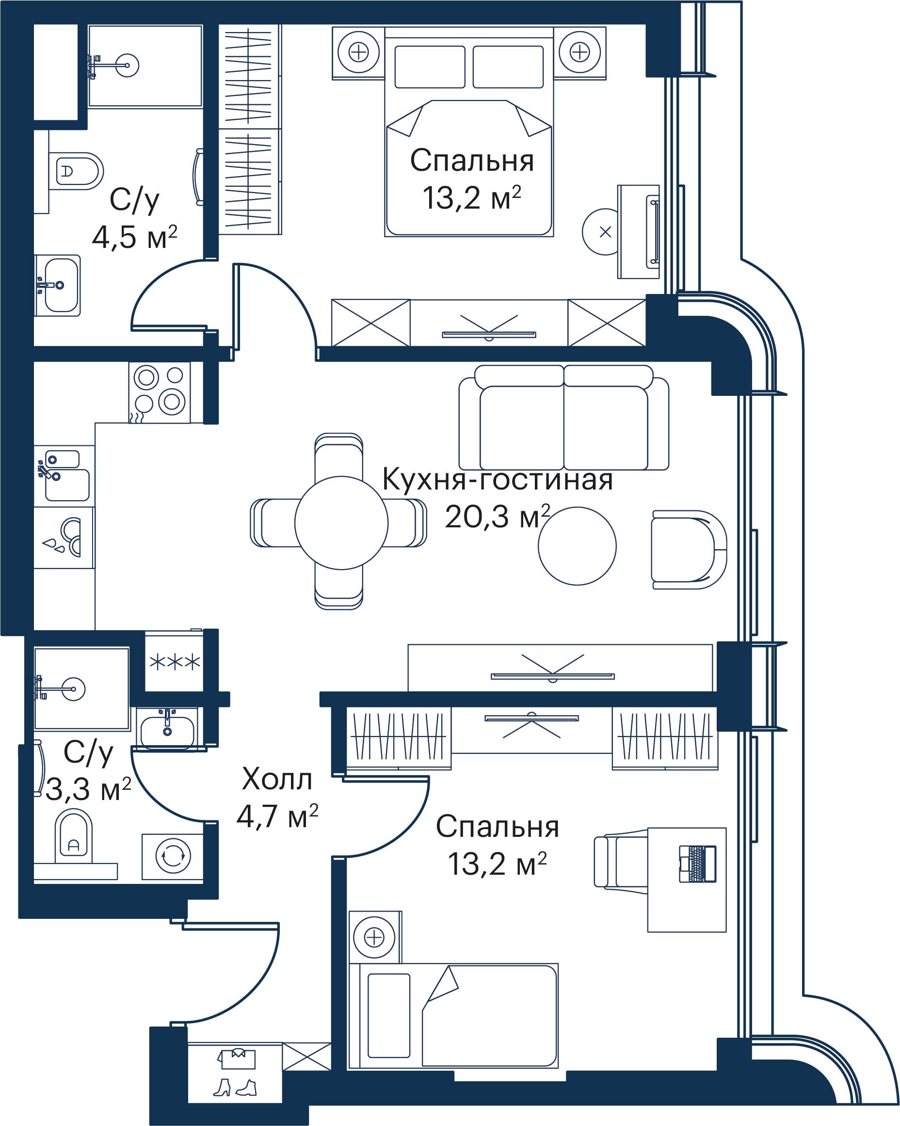2 комн. квартира, 59.2 м², 34 этаж 