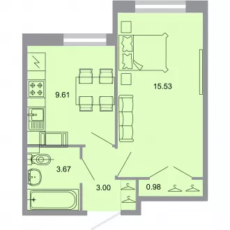 1 комн. квартира, 32.2 м², 1 этаж 