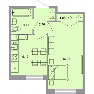 1 комн. квартира, 32.3 м², 1 этаж 