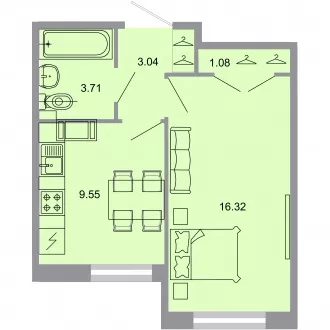 1 комн. квартира, 32.8 м², 1 этаж 