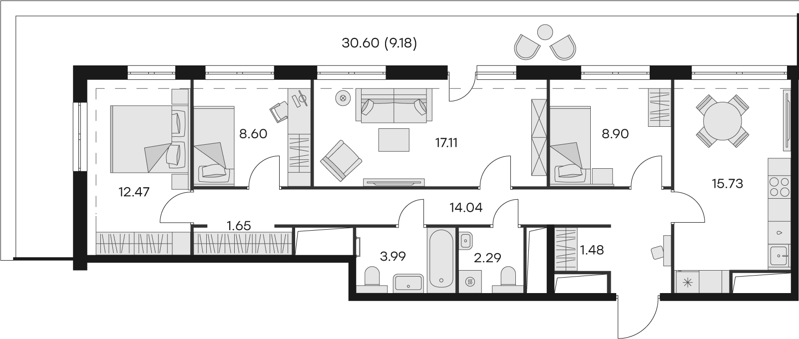 4 комн. квартира, 95.4 м², 14 этаж 