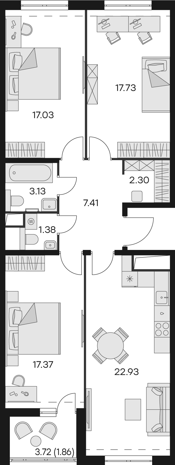 2 комн. квартира, 91.1 м², 12 этаж 
