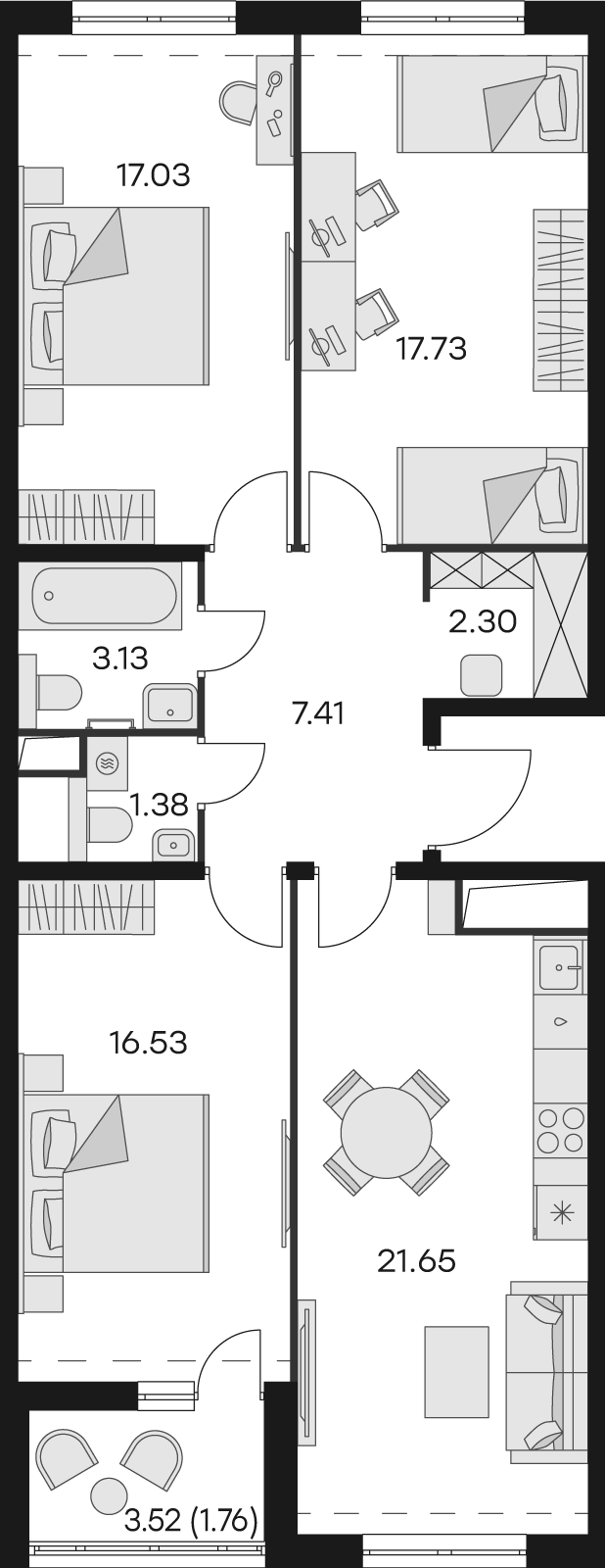 2 комн. квартира, 88.9 м², 5 этаж 