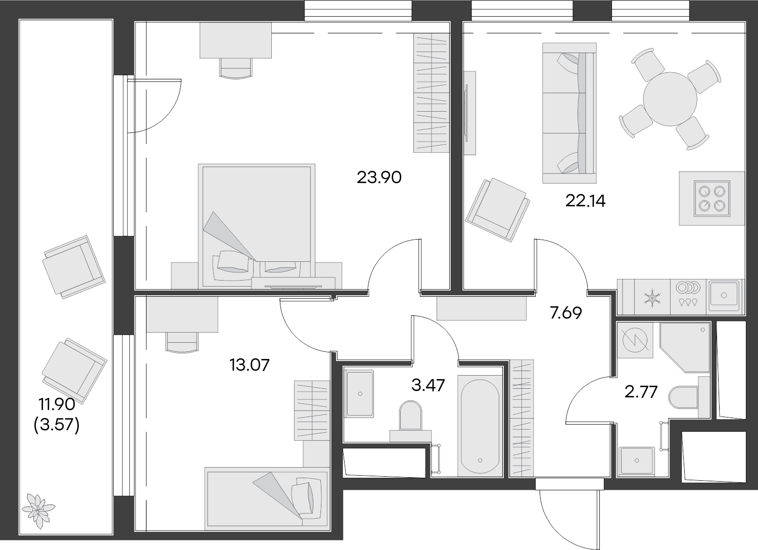 1 комн. квартира, 76.6 м², 14 этаж 