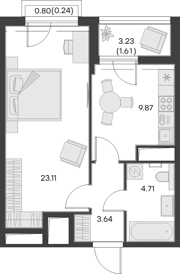 1 комн. квартира, 43.2 м², 12 этаж 