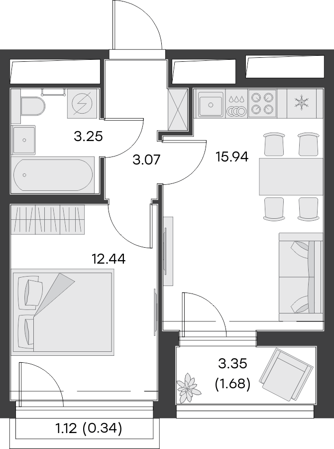 1 комн. квартира, 36.7 м², 12 этаж 