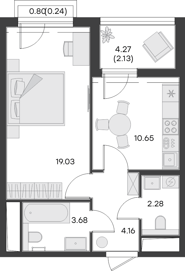 1 комн. квартира, 42.2 м², 12 этаж 