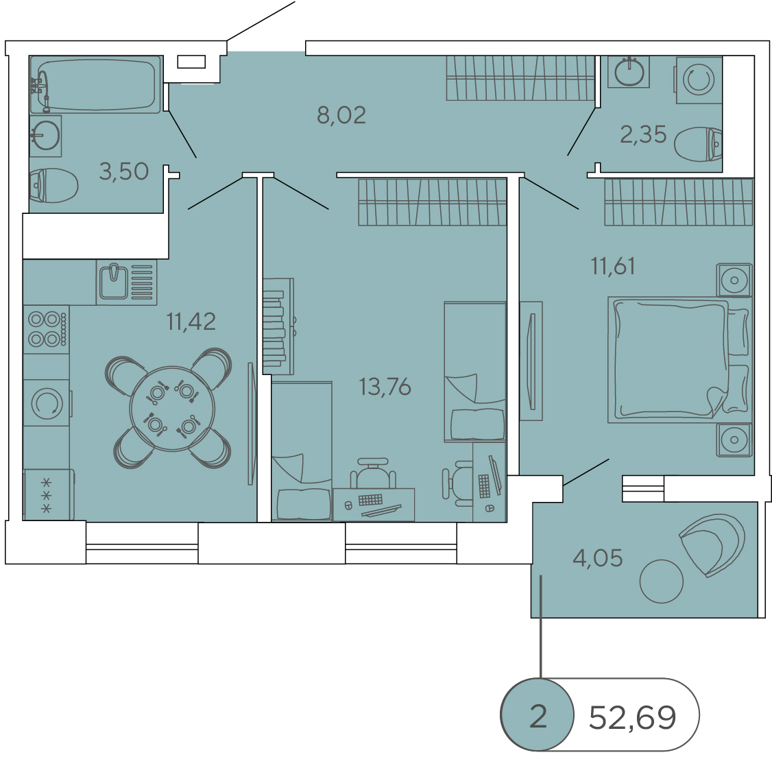 2 комн. квартира, 52.7 м², 12 этаж 
