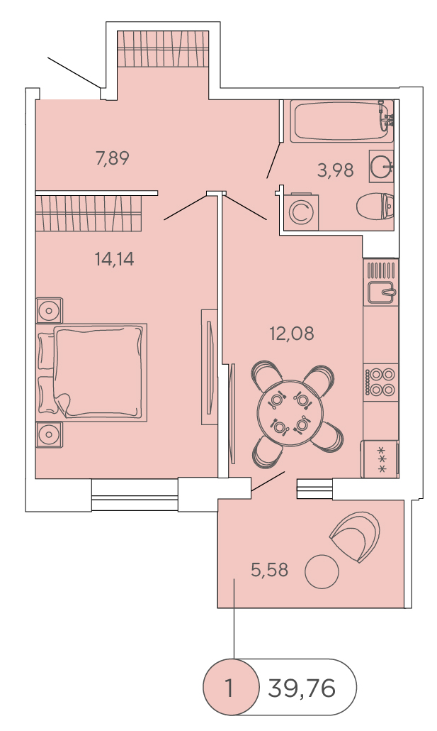 1 комн. квартира, 39.8 м², 2 этаж 