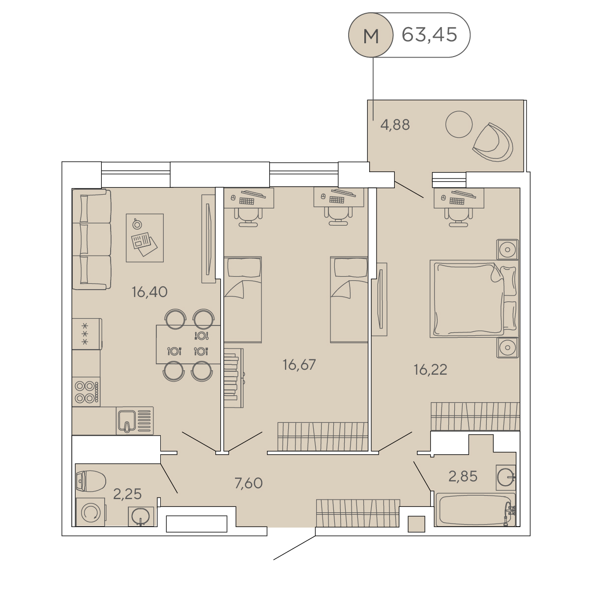 3 комн. квартира, 63.5 м², 12 этаж 