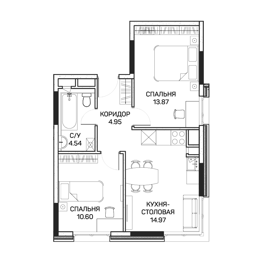 2 комн. квартира, 48.9 м², 2 этаж 